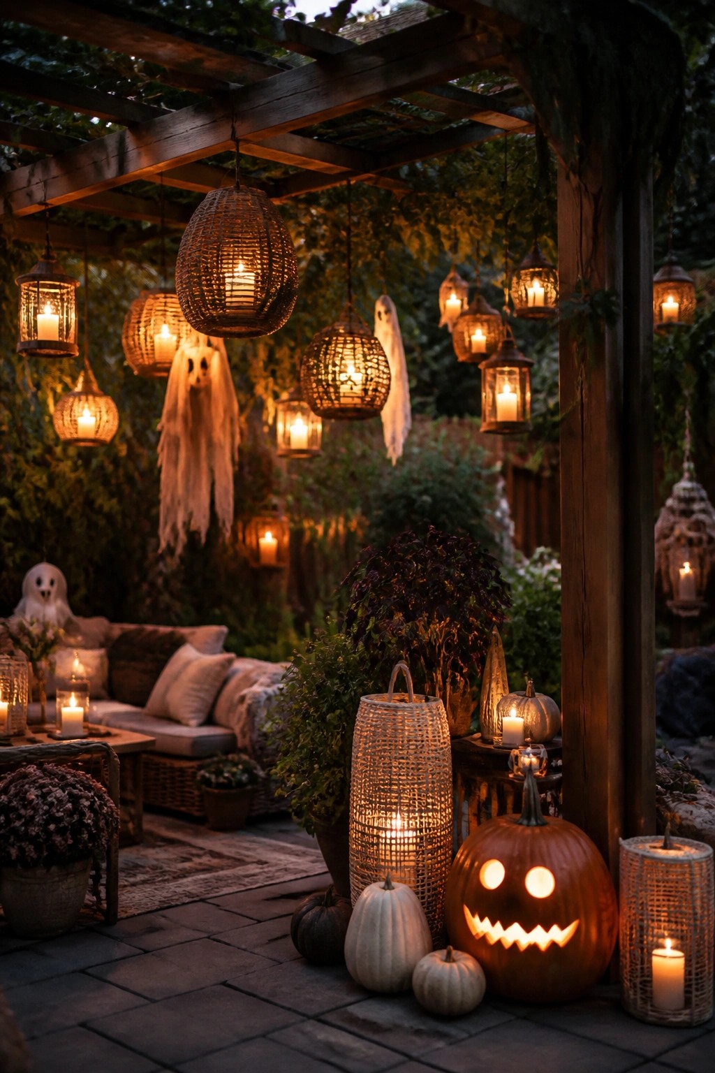 Outdoor patio under a wooden pergola decorated with hanging wicker lanterns and white sheet ghosts, plus a carved jack-o'-lantern on the ground.