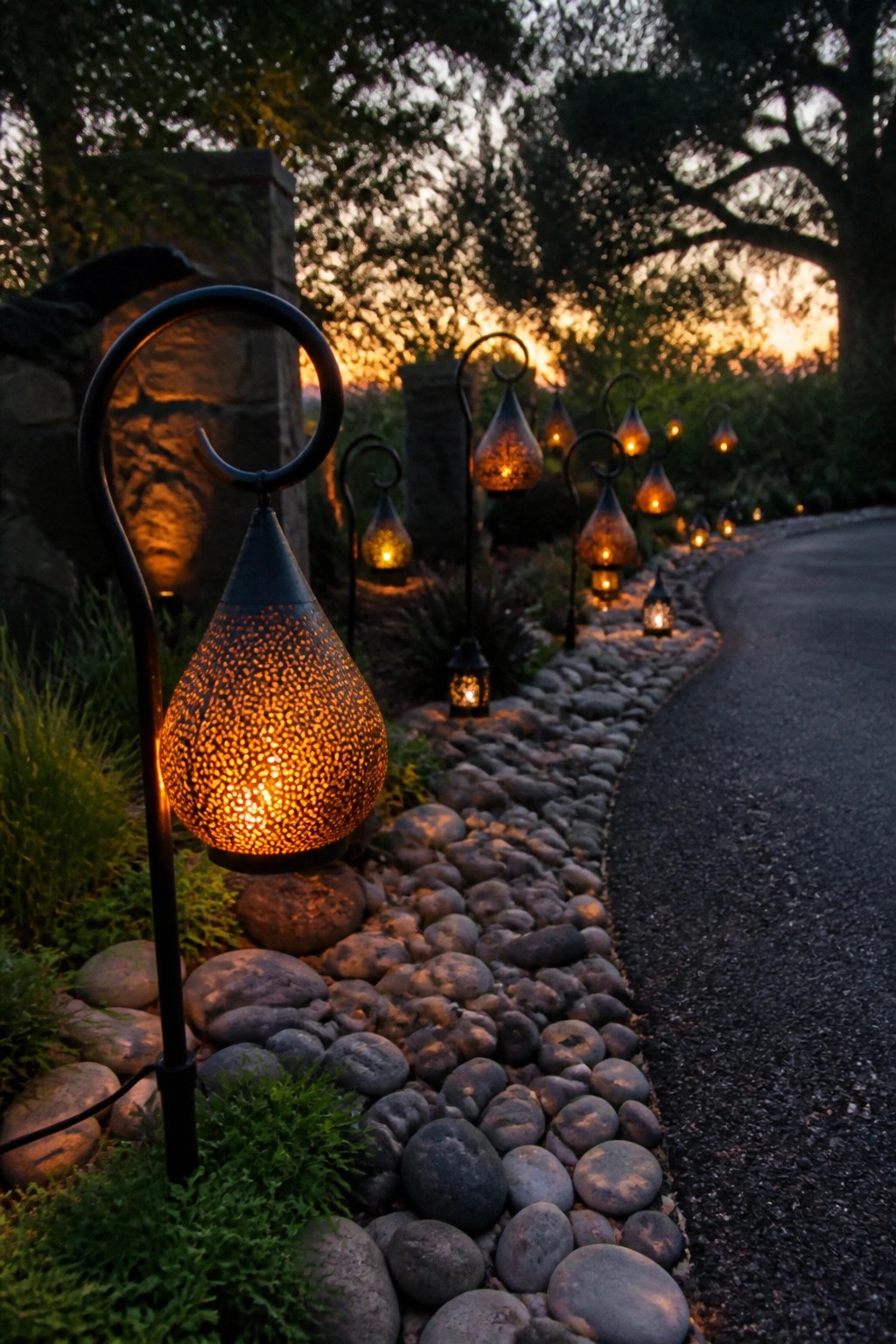 Glowing ornate lanterns line a pebble path beside a winding road at sunset.