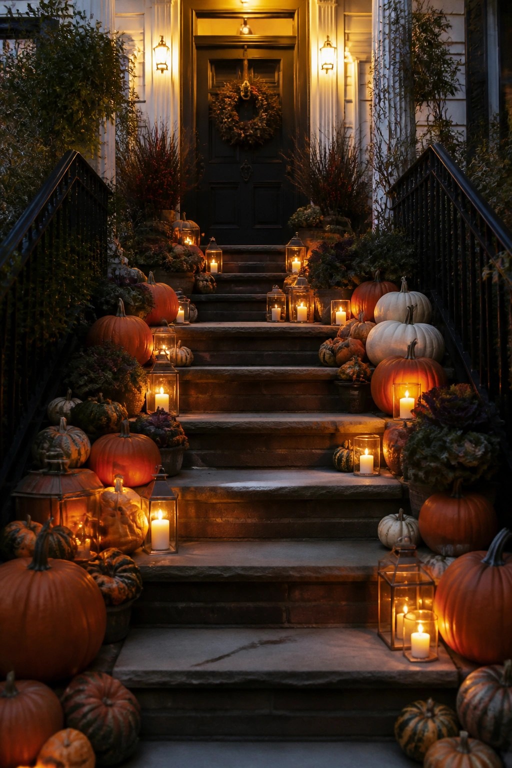 Stone front steps lined with glowing lanterns and pumpkins leading up to a dark door.