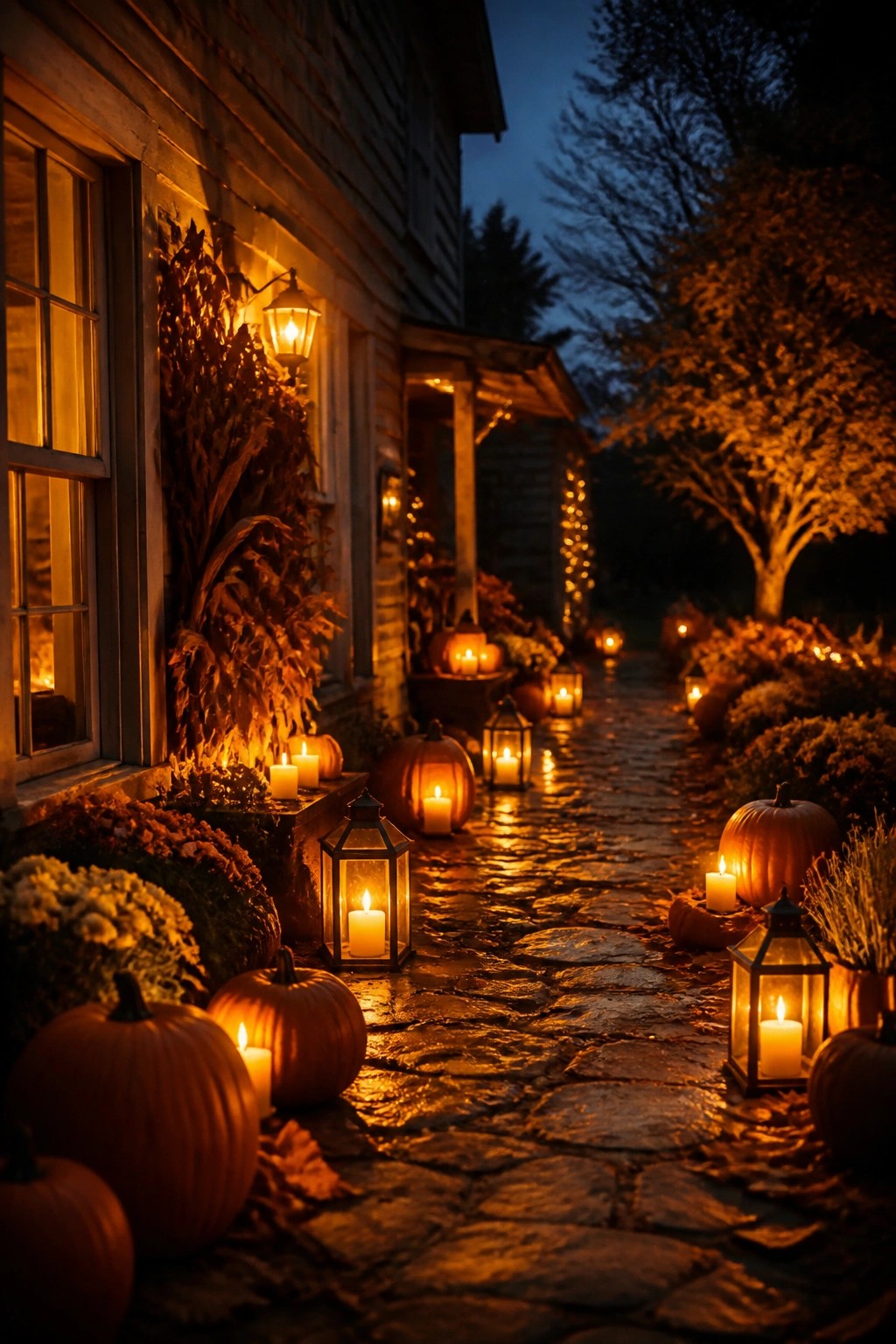 Stone walkway lined with black lanterns and pumpkins at night, leading toward a house porch.