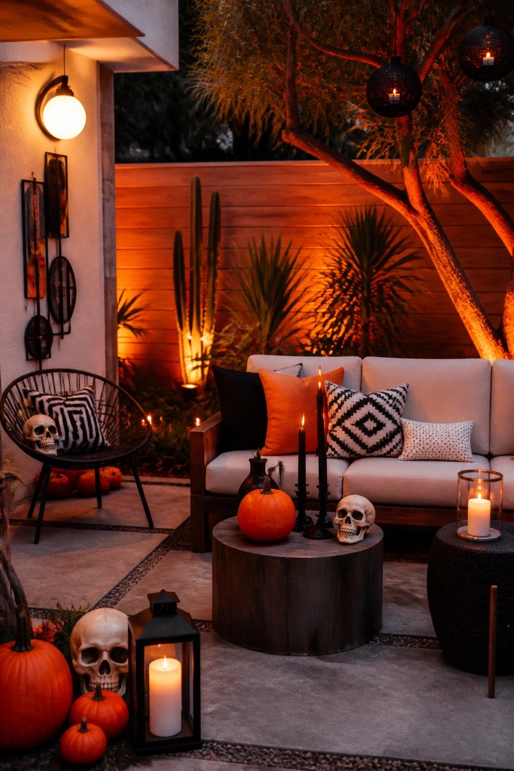 Outdoor patio with multiple lit lanterns placed at different heights, black taper candles, skulls, and pumpkins arranged around a seating area.