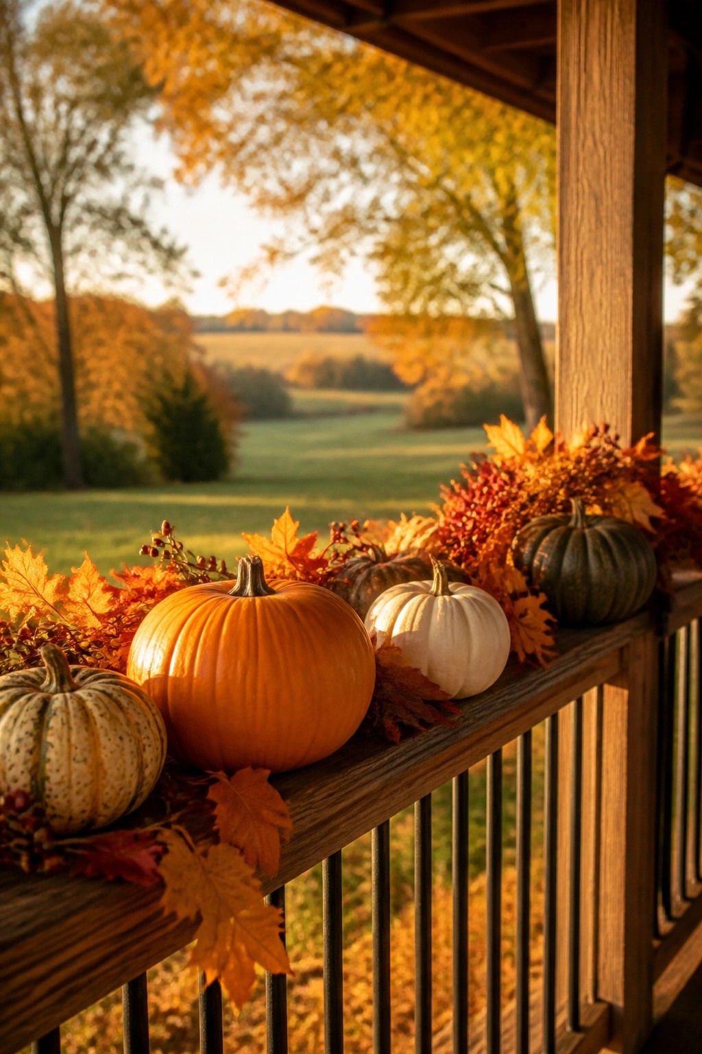 Wooden porch railing lined with orange, white, green, and striped pumpkins mixed with autumn leaves.