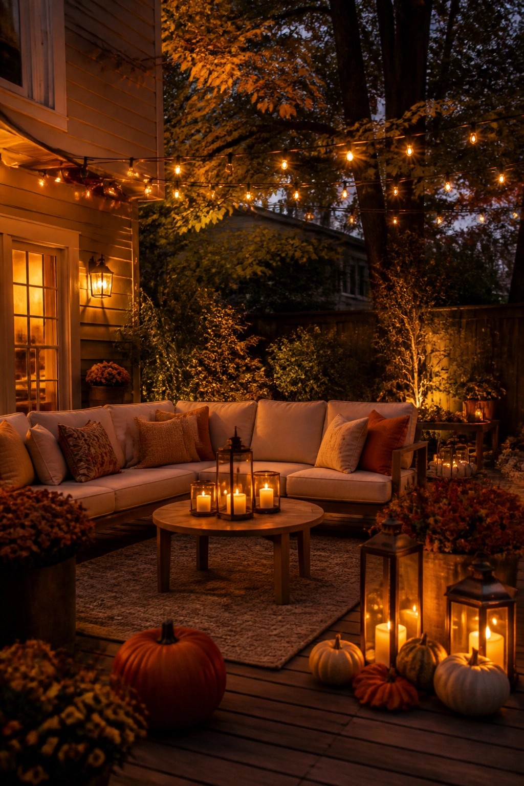 Outdoor patio with a sectional sofa, wooden coffee table, and various pumpkins placed on the deck alongside lit lanterns.