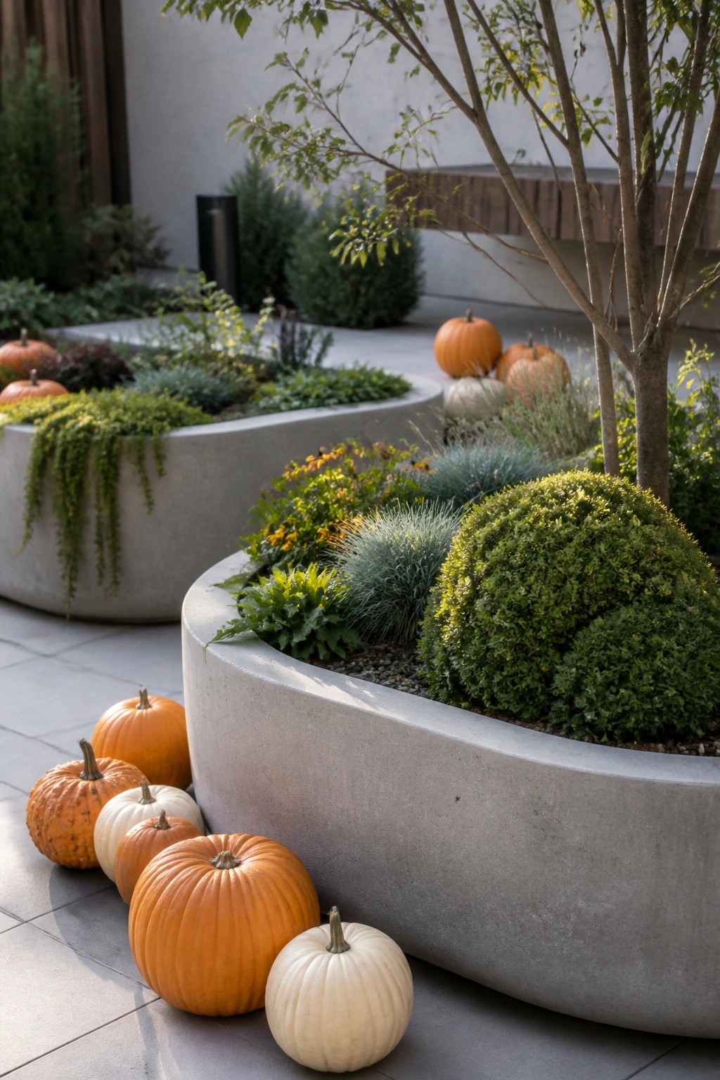 Modern outdoor patio with curved concrete planters lined with clusters of orange and white pumpkins on the tiled ground.