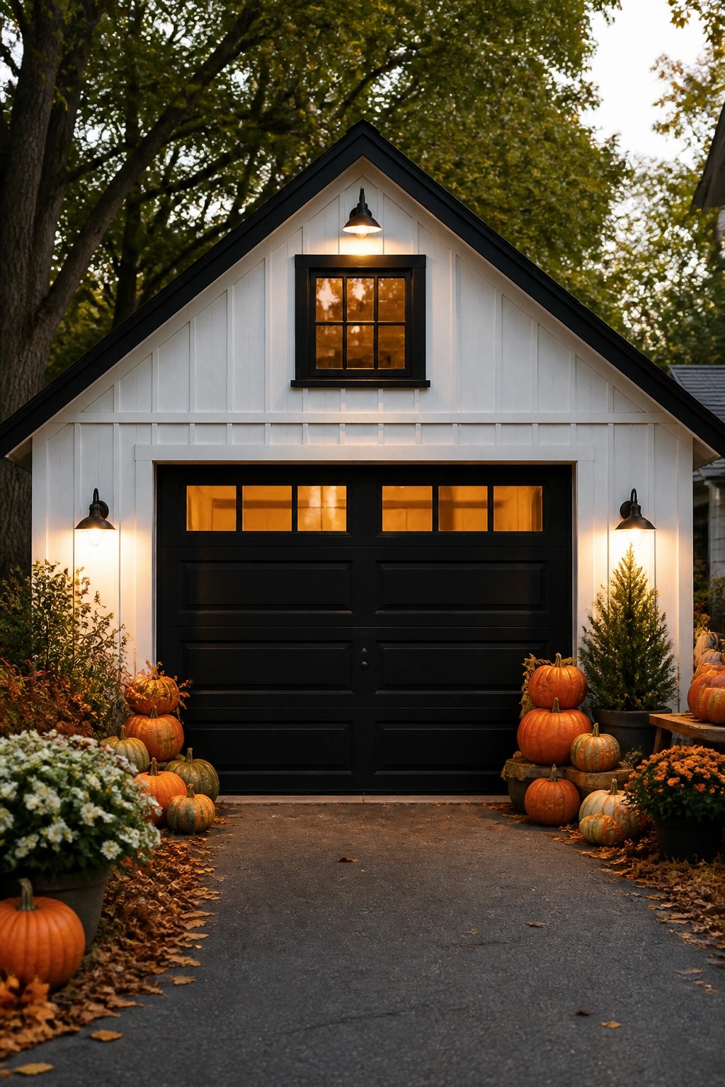 Garage entrance lined with clusters of orange and green pumpkins of different sizes placed on both sides of a black garage door.
