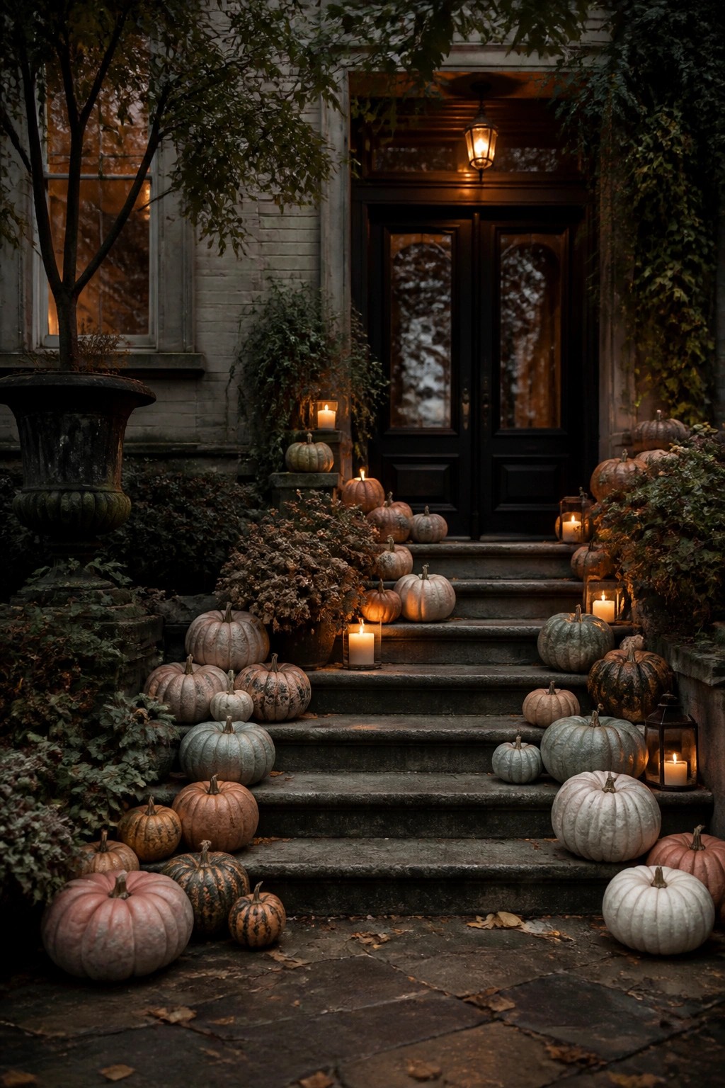 Front porch steps lined with assorted pumpkins in muted tones and lit candles in lanterns leading to a black double door.