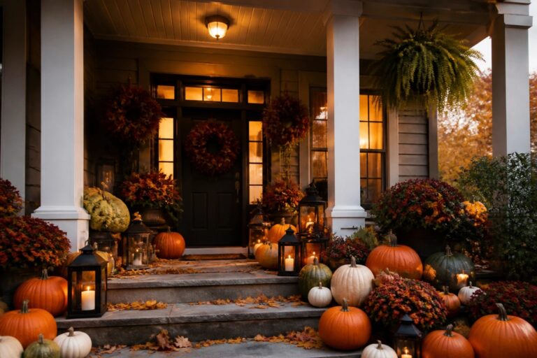 23 Outdoor Halloween Pumpkin Decor Ideas to Impress Neighbors Front porch steps lined with clusters of orange, white, and green pumpkins beside potted mums and lit lanterns.