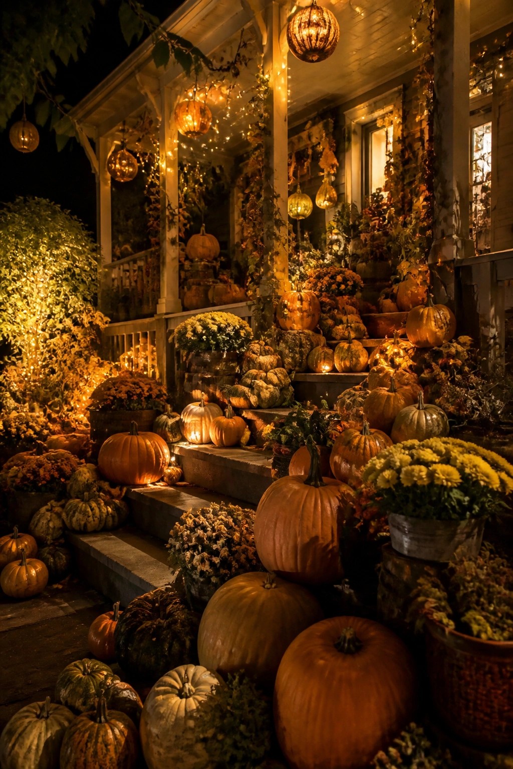 Front porch at night covered in dozens of lit pumpkins of different sizes arranged across the steps and railings.