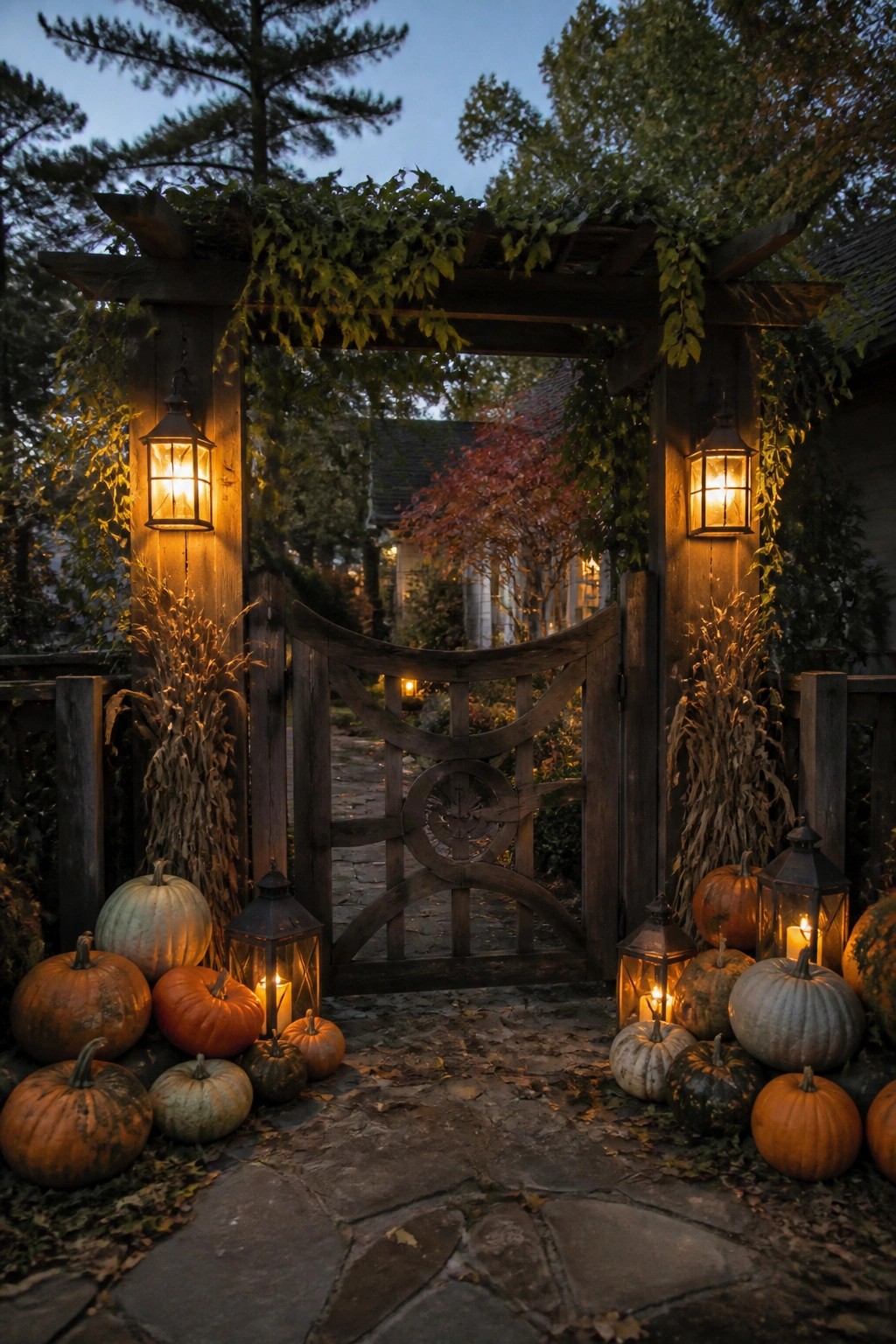 Wooden arched gate with glowing lanterns, pumpkins, and autumn foliage at dusk.