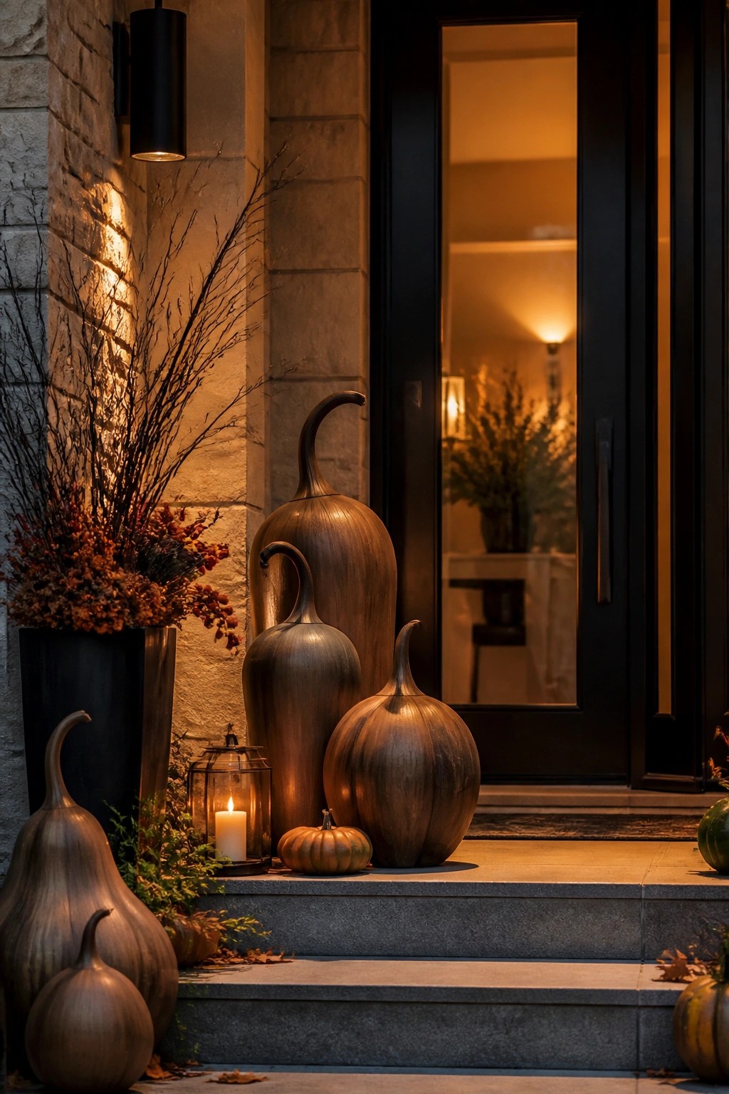 Front entry steps decorated with large bronze-toned pumpkin sculptures of different sizes next to a black door.