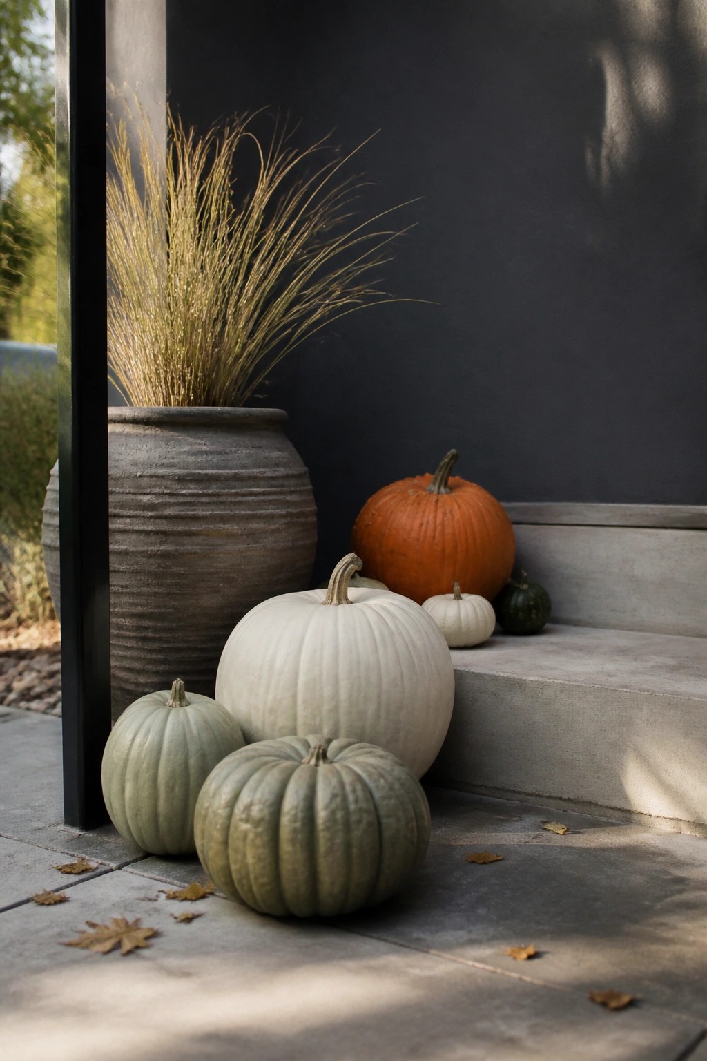 Concrete steps lined with white, green, and orange pumpkins next to a large gray pot holding dried grass.