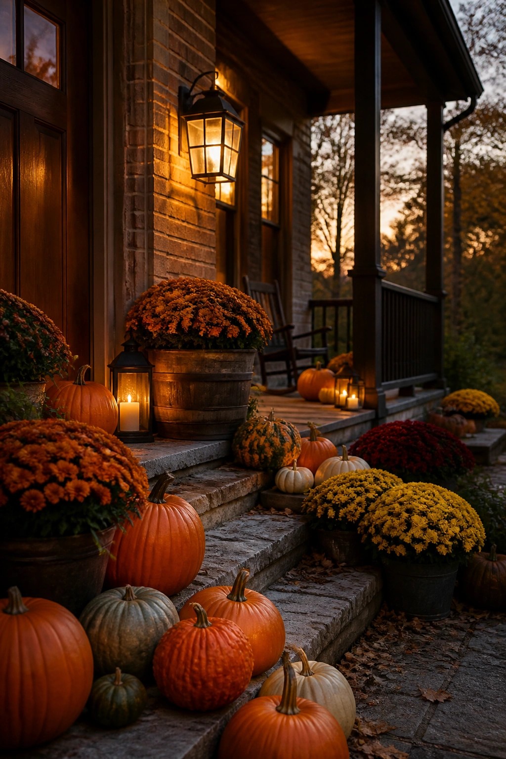 Front porch steps lined with clusters of orange, white, and green pumpkins beside potted mums and lit lanterns.