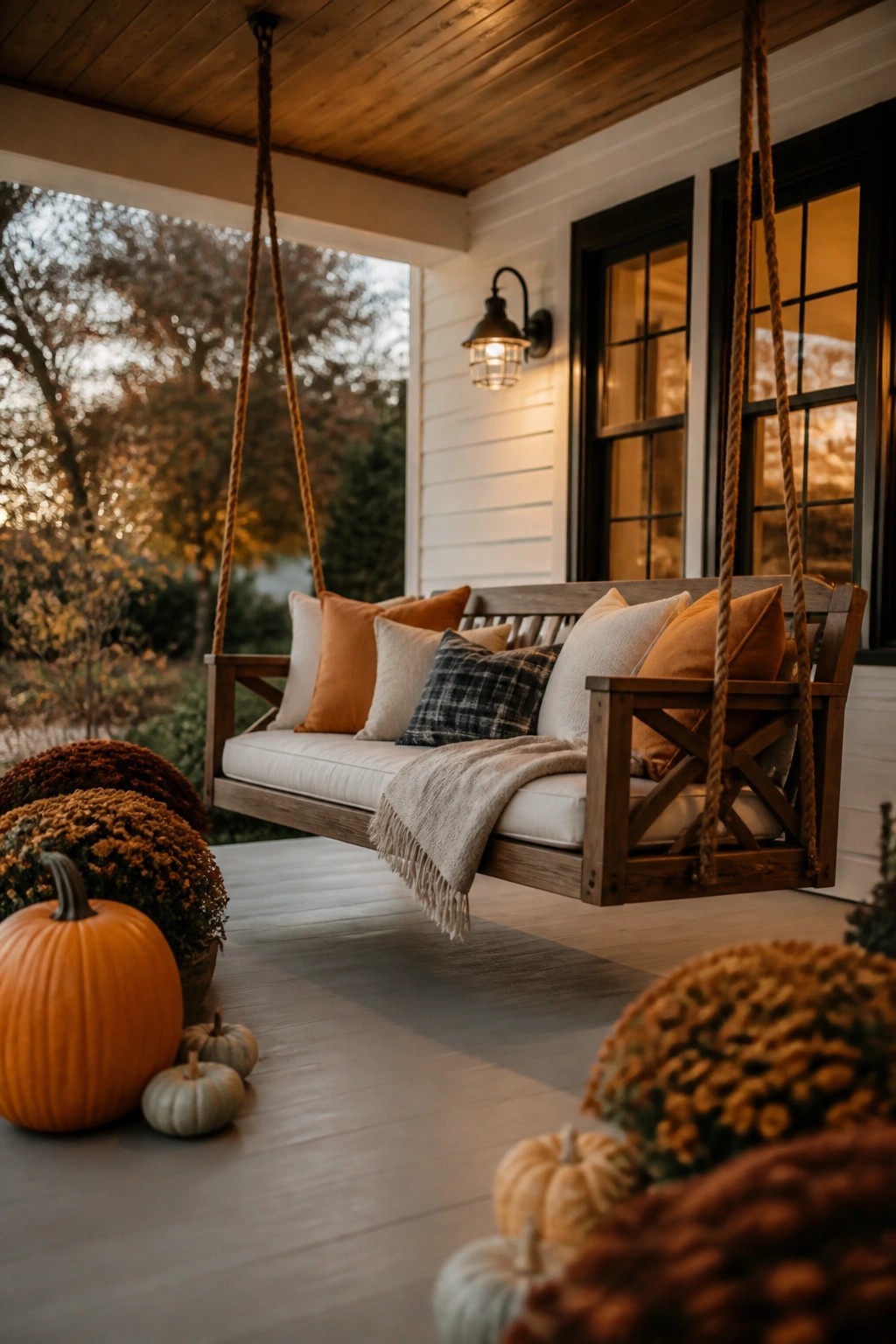 Wooden porch swing with orange pumpkins and chrysanthemums arranged on the steps and ground in front of it.