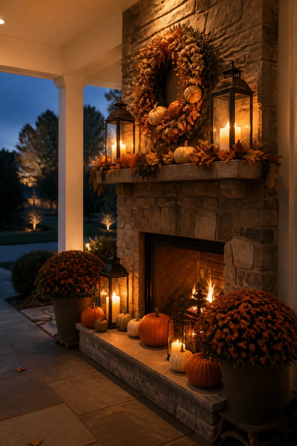 Autumn stone fireplace with glowing lanterns, pumpkins, wreath, and potted chrysanthemums at dusk.