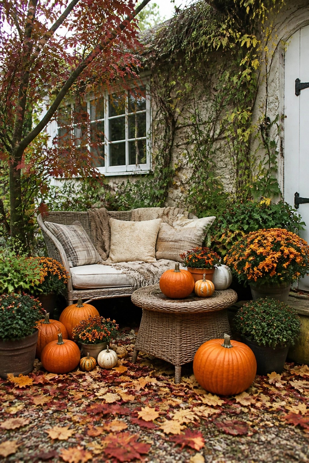 Outdoor patio seating area with a wicker sofa and round table surrounded by scattered orange and white pumpkins of different sizes, potted orange mums, and fallen autumn leaves.