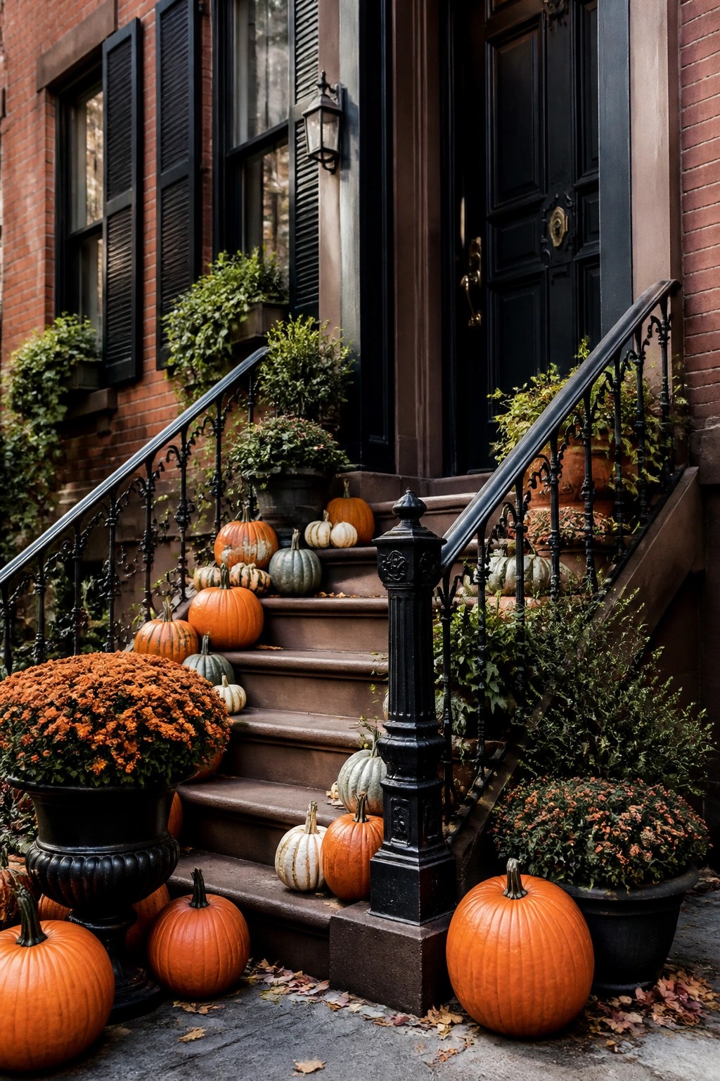 Brownstone front steps lined with orange, white, and green pumpkins of various sizes next to black railings and potted mums.