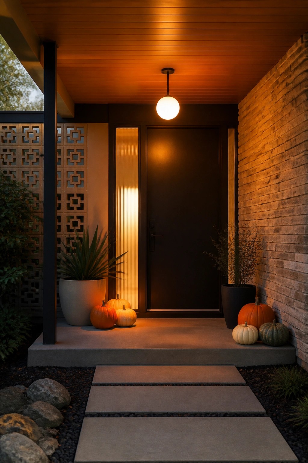 Front entrance with orange, white, and green pumpkins clustered on the concrete steps and beside a dark door.