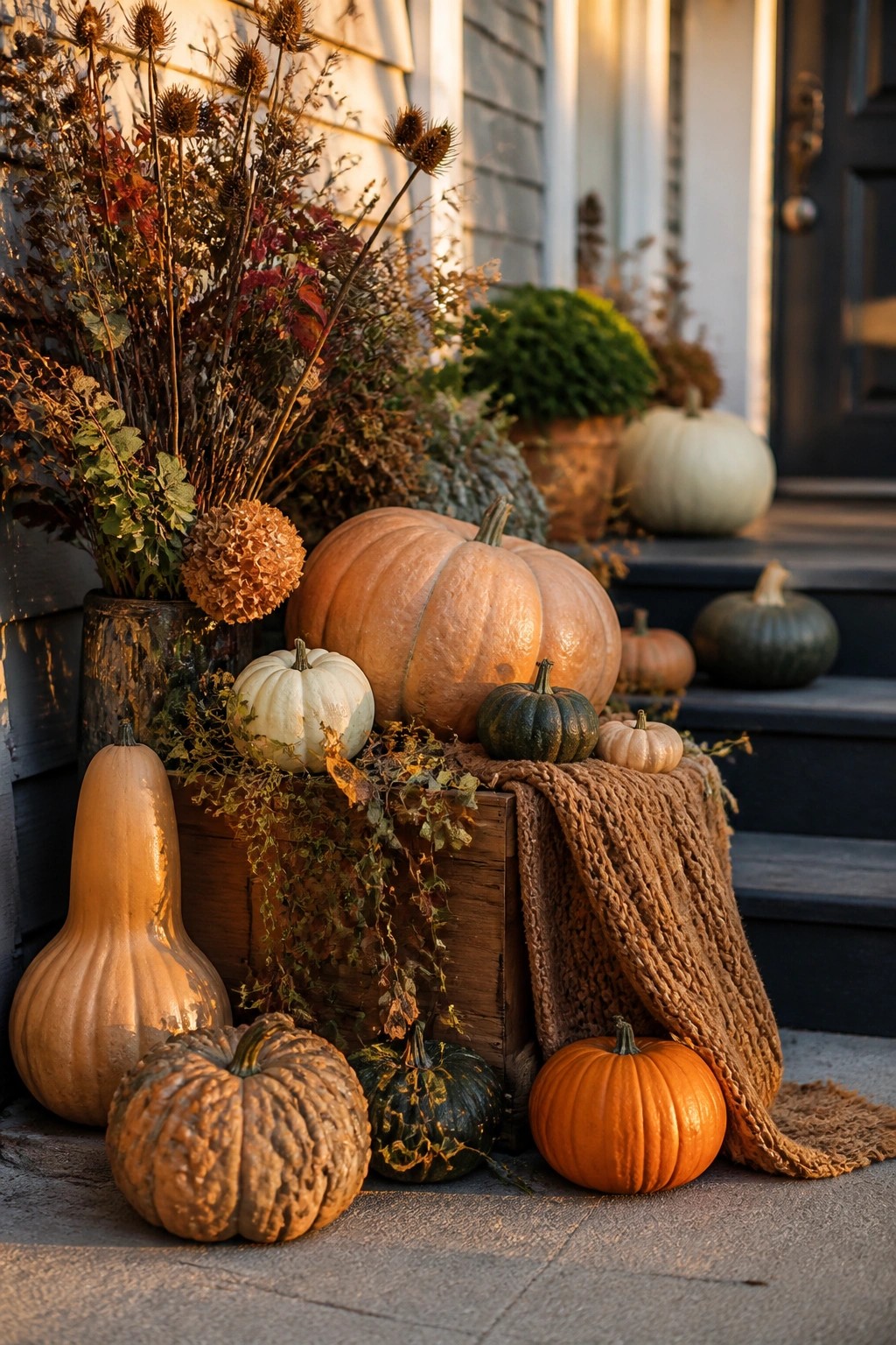Front porch steps lined with various pumpkins in orange, white, and green tones arranged around a wooden crate and dried foliage.