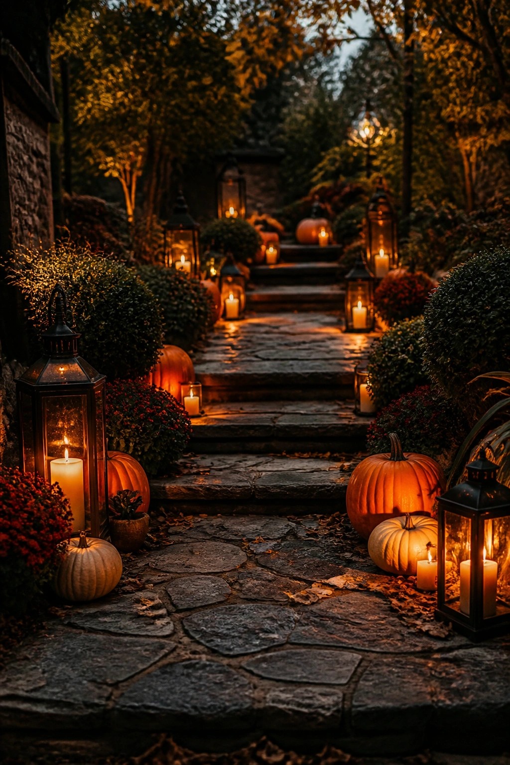 Stone outdoor walkway lined with black lanterns, glowing candles, and orange and white pumpkins leading up steps at dusk.