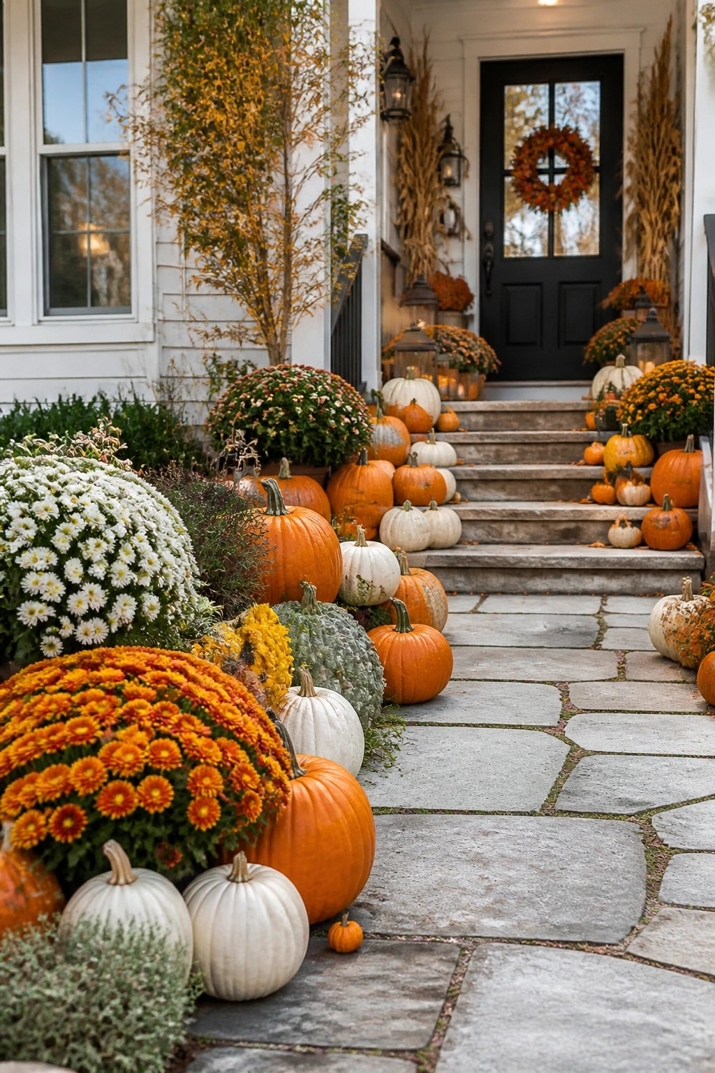 Stone walkway and porch steps lined with orange, white, and green pumpkins mixed with orange and white mums.