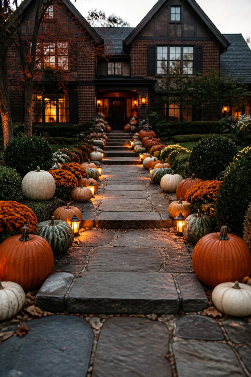 Stone path lined with colorful pumpkins and lanterns leads to brick house at dusk.