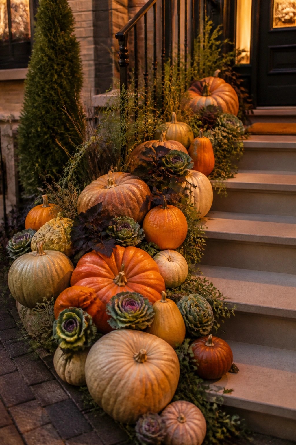 Pumpkins and ornamental kale in autumn colors decorate stone steps at dusk.