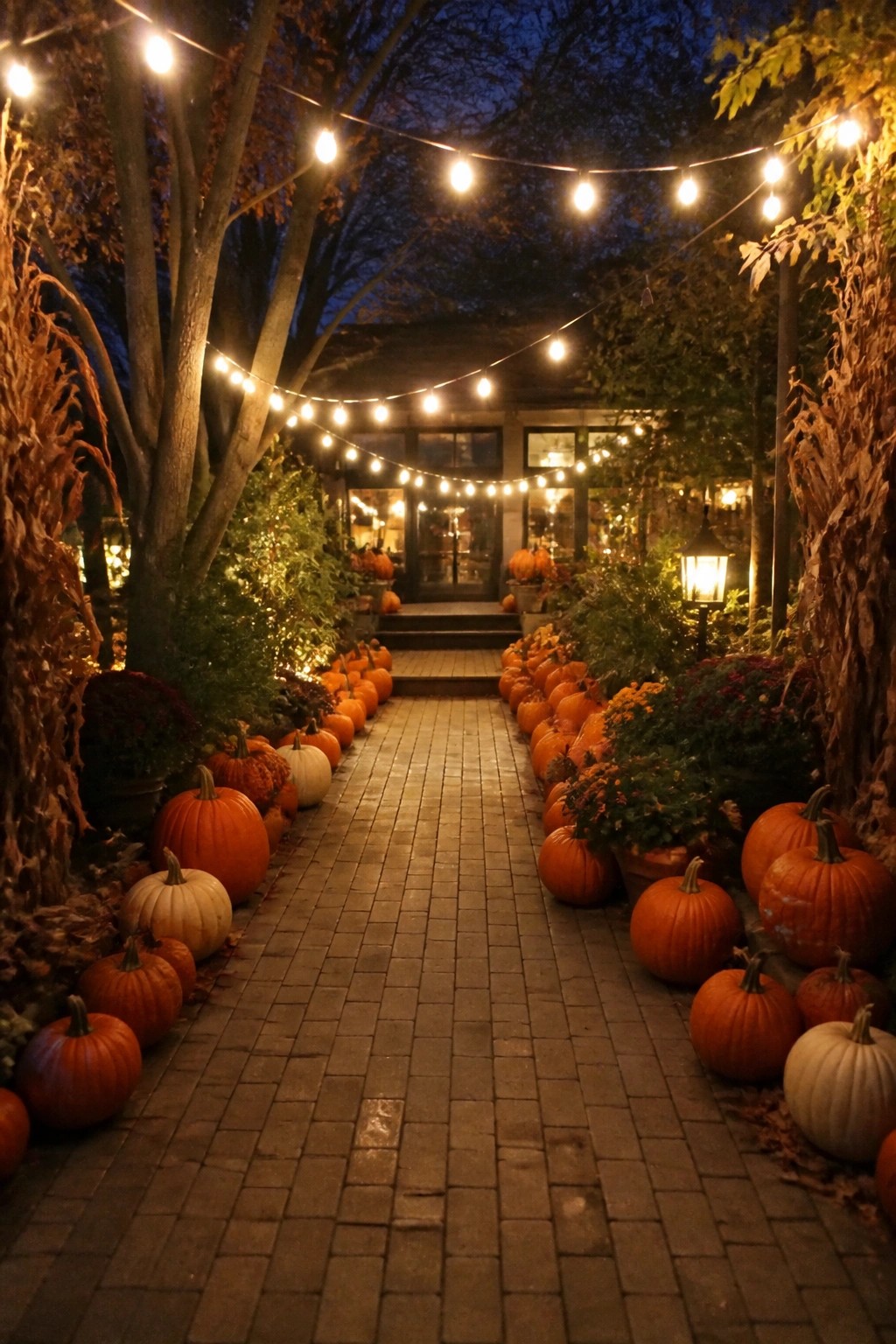 A brick walkway lined on both sides with rows of orange and white pumpkins under string lights at night.