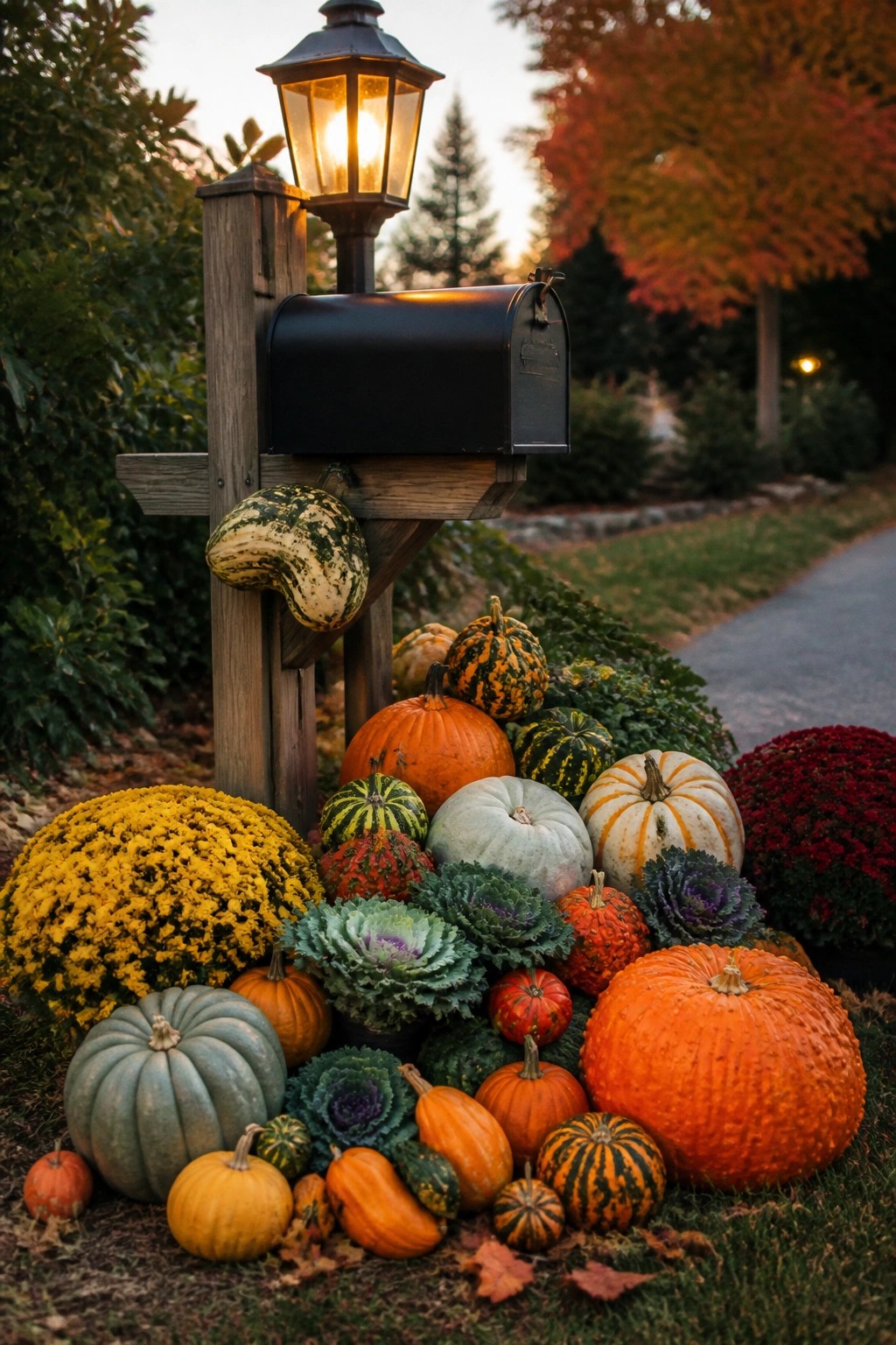 Black mailbox mounted on a wooden post with a lit lantern on top and a large cluster of pumpkins and gourds piled around the base.