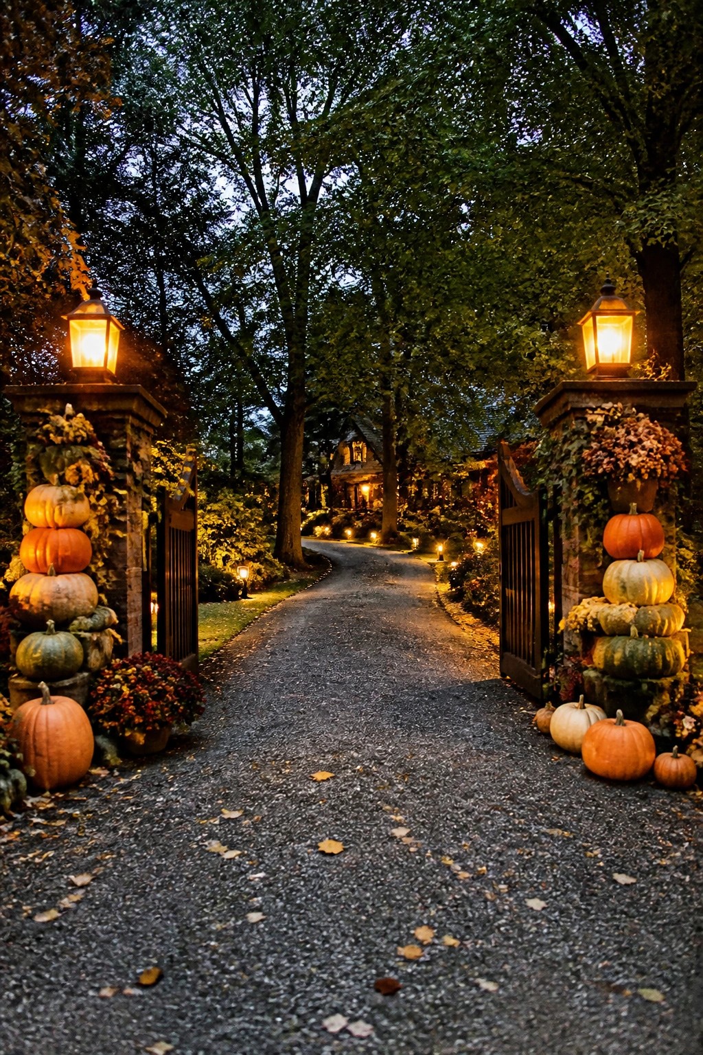 Gravel driveway entrance with stone gate pillars stacked with assorted pumpkins and topped with glowing lanterns.