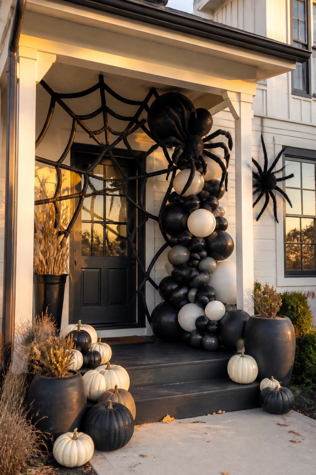 Front porch with a large black spider on a black and white balloon column, a spiderweb across the door, and scattered black and white pumpkins on the steps.