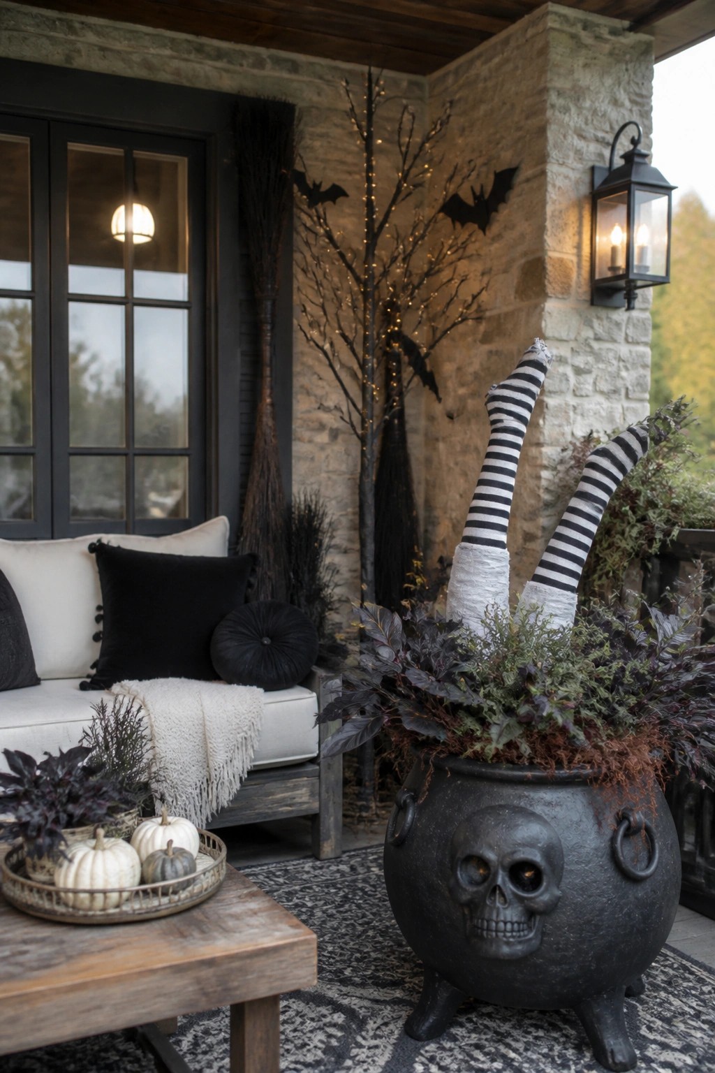 A black skull-faced cauldron with striped witch legs and dark foliage sits on a Halloween-decorated front porch with bats and brooms in the background.