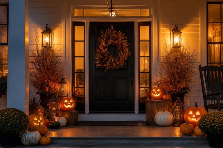 23 Playful Halloween Porch Inspirations for a Fun Welcome Front porch with multiple carved jack o'lanterns and lanterns arranged on the steps leading to a dark door with a wreath.