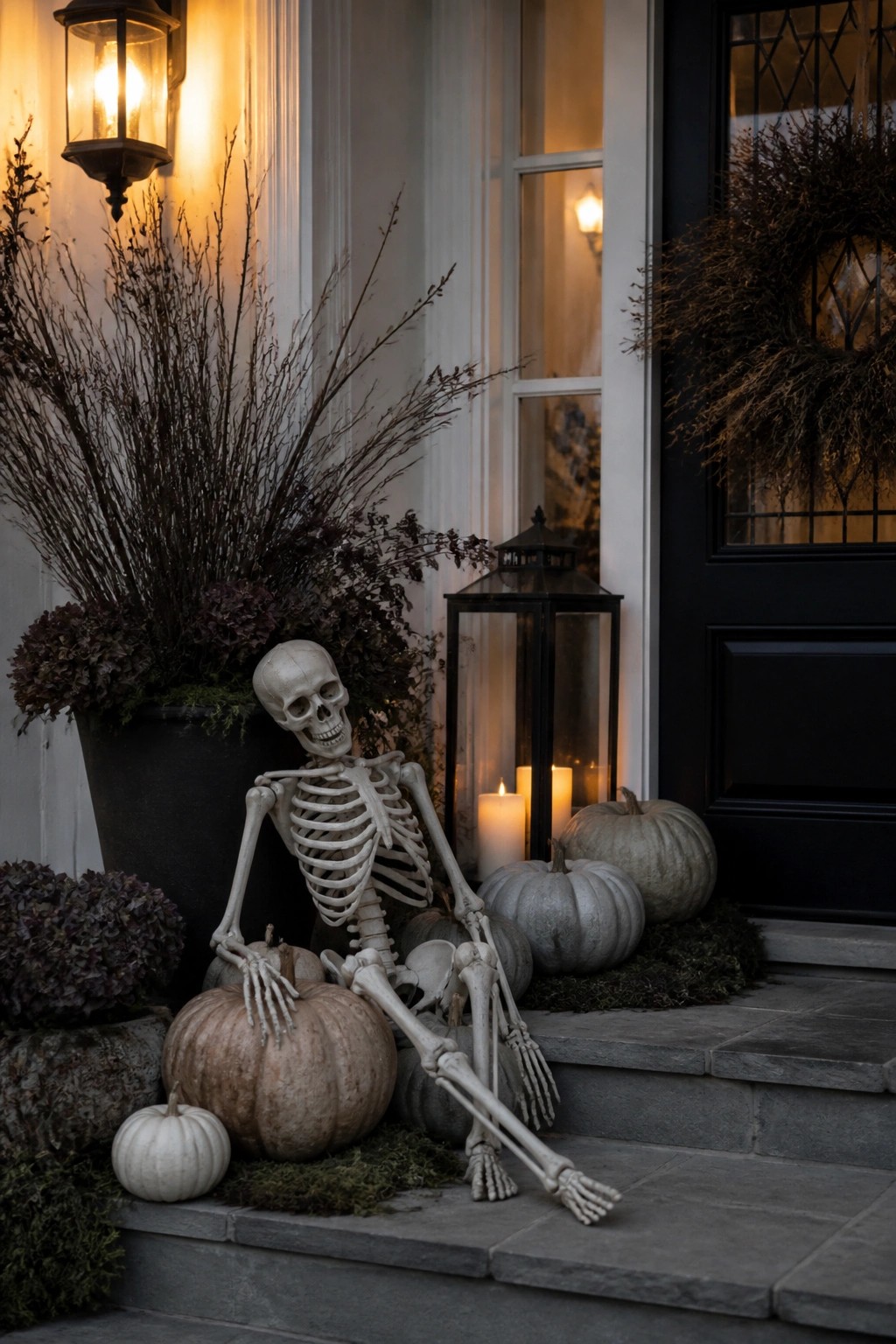 A decorative skeleton posed sitting on gray porch steps among pumpkins and a black lantern near a front door.