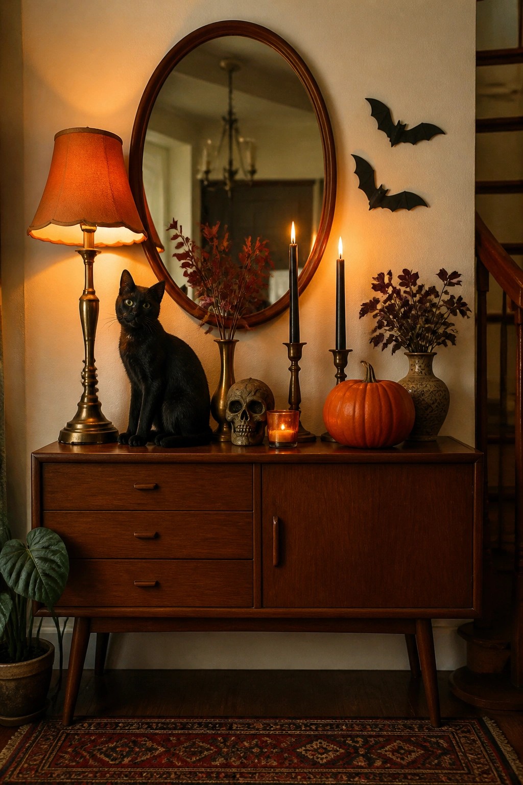 Entryway console with a round mirror, black bats on the wall beside it, black candles, a pumpkin, and a skull on the tabletop.