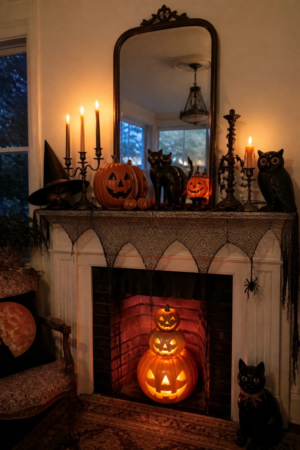 White fireplace mantel decorated with carved jack o lanterns, black cat figures, owls, candles, and black spiderweb fabric for Halloween.