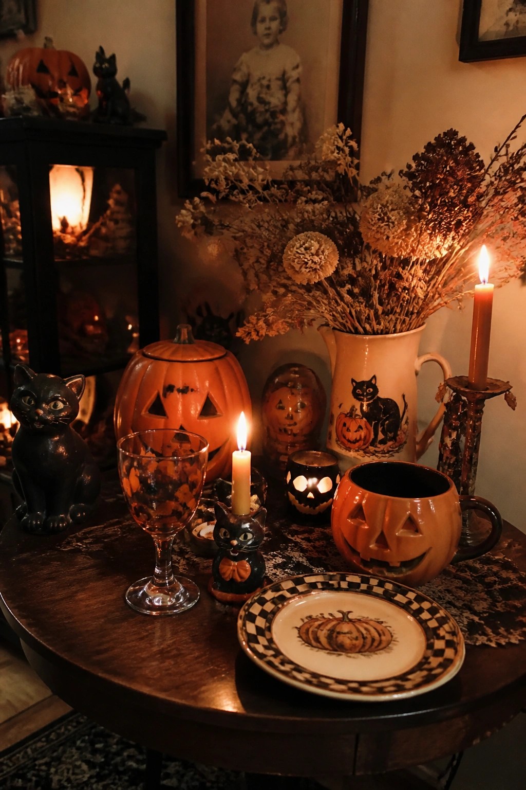 Vintage Halloween table with carved pumpkins, lit candles, black cats, and dried flowers.