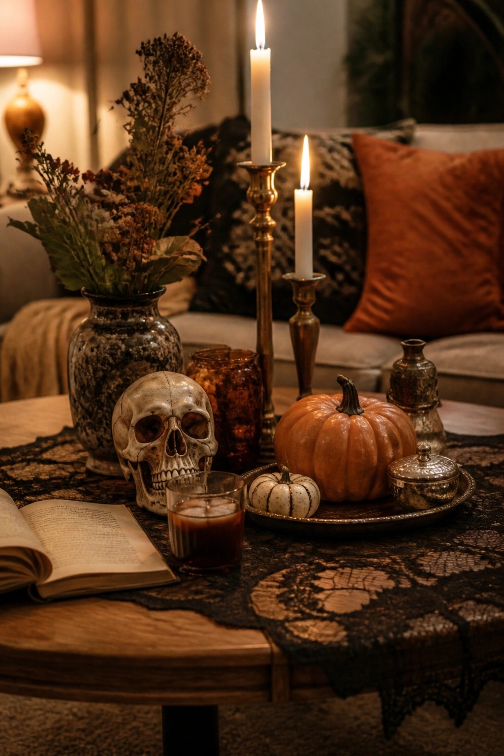 Wooden table with skull, open book, lit candles, pumpkins, and dried flowers in vase
