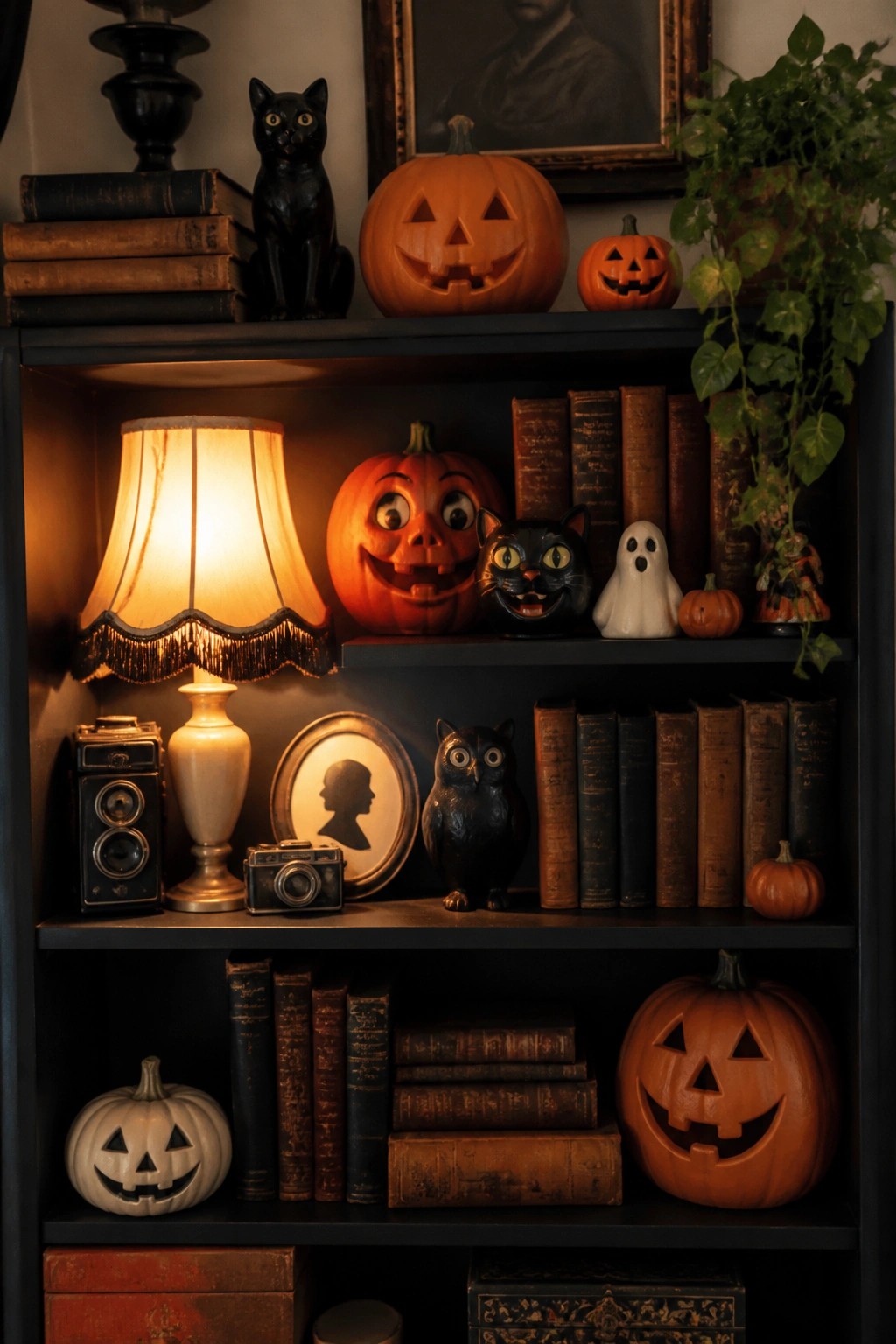 Built-in bookshelves arranged with carved jack o lanterns, black cat figurines, an owl, a small ghost, and stacks of vintage books.