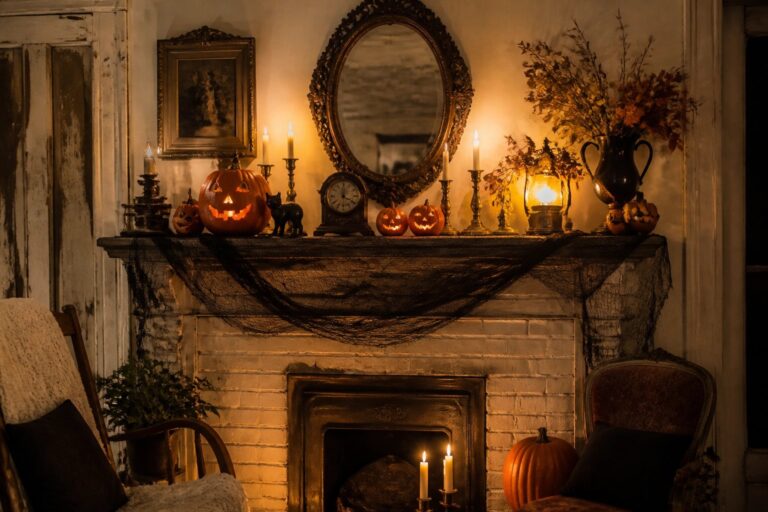 Vintage fireplace mantel with several carved jack o lanterns, a black crow statue, dried leaves, and black taper candles in an ornate candelabra.
