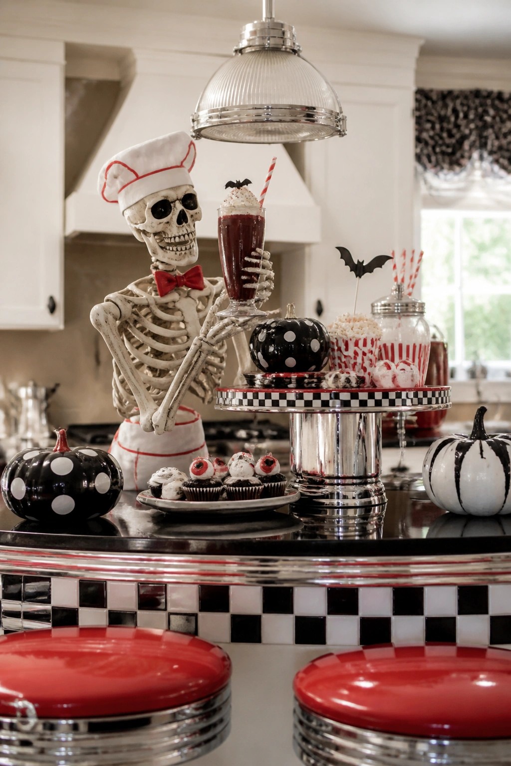 Skeleton in a chef hat and bow tie posed at a kitchen counter holding a milkshake, with a checkered tiered stand of Halloween cupcakes and polka dot pumpkins nearby.