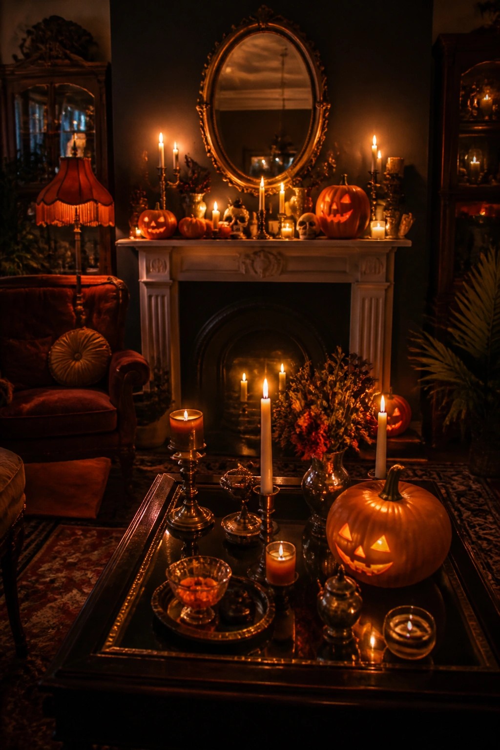 Living room mantel decorated with carved jack-o'-lanterns, lit candles in metal holders, and small skulls for Halloween.