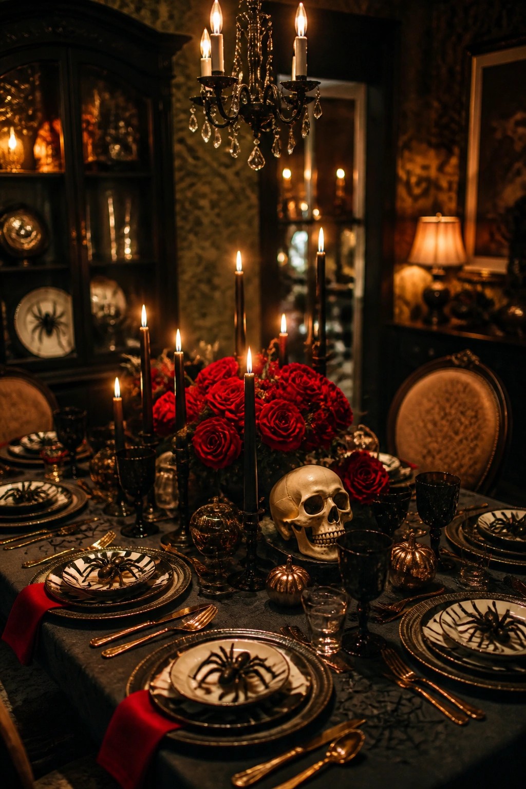 A dark dining table set with spider-patterned plates, a white skull centerpiece, red roses, black candles, and gold flatware.