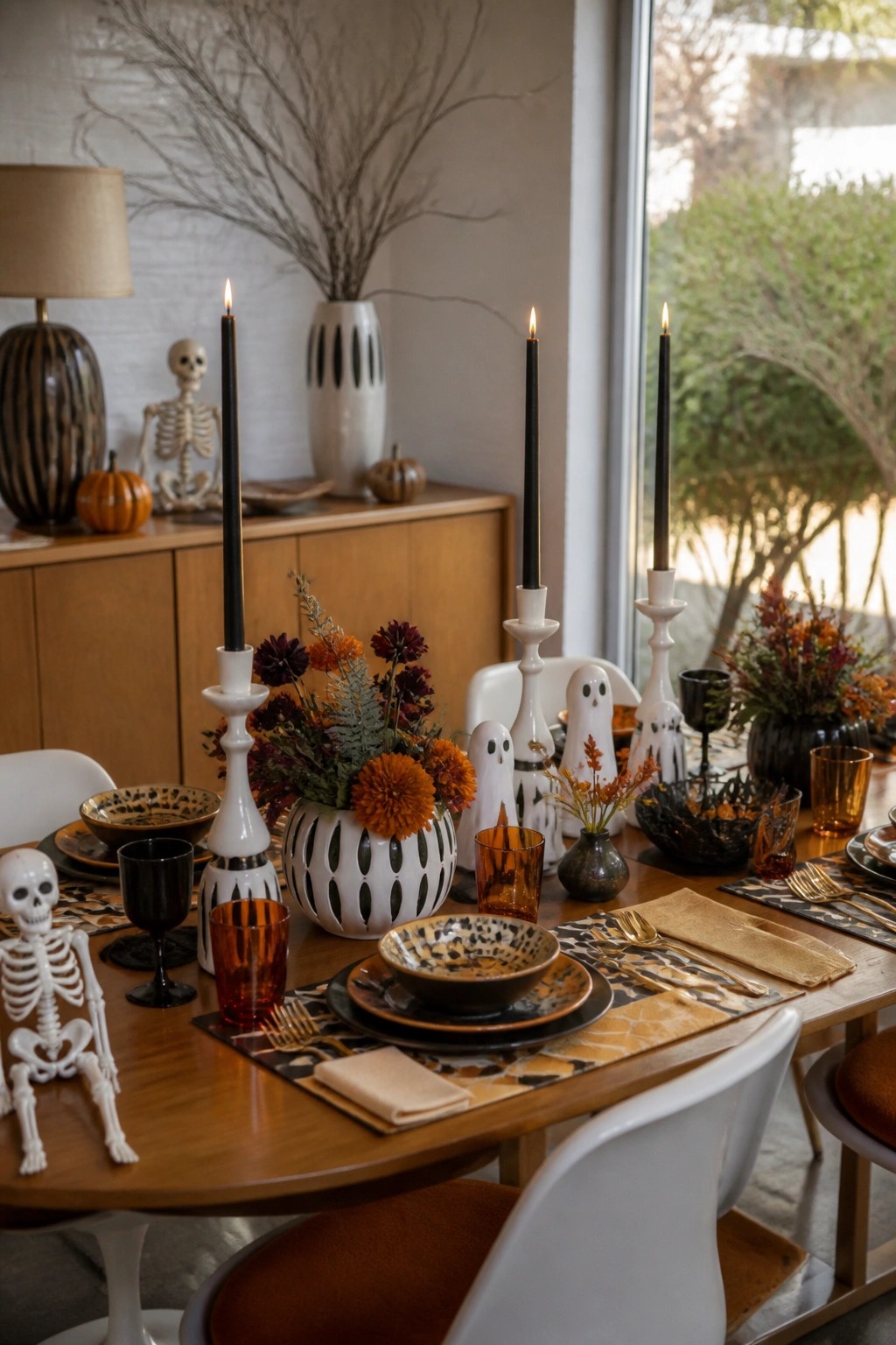 Dining table set for Halloween with small skeleton figures, ghost decorations, black taper candles, and patterned dishes.