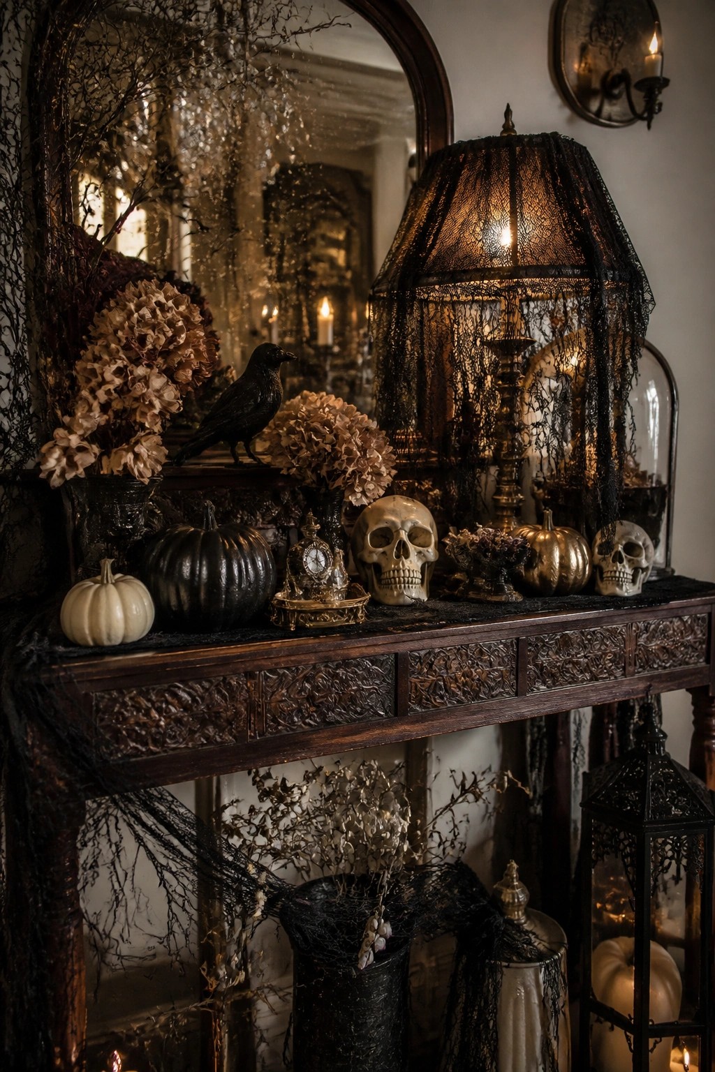 Dark wooden console table decorated with skulls, a black crow, pumpkins, and a lamp draped in black lace for a Halloween display.