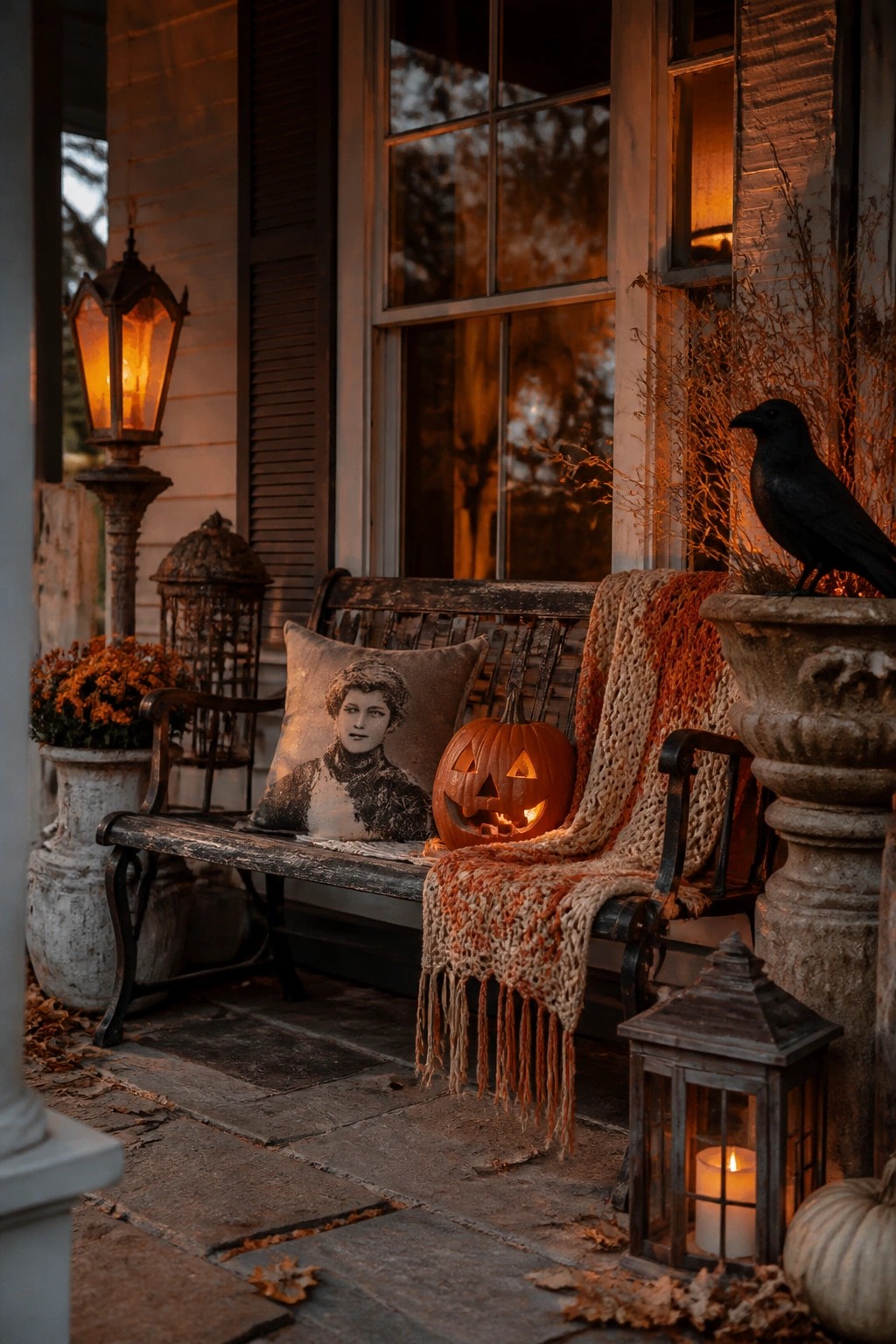 Front porch bench holding a glowing jack o lantern, a sepia portrait pillow, a black crow, and a knitted throw.