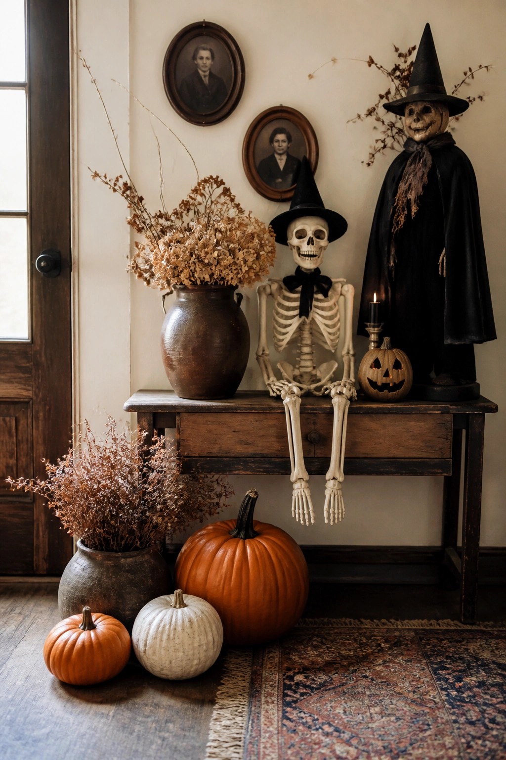 Entry console table with a seated skeleton in a witch hat and a standing witch skeleton beside it, plus small pumpkins and dried flowers.