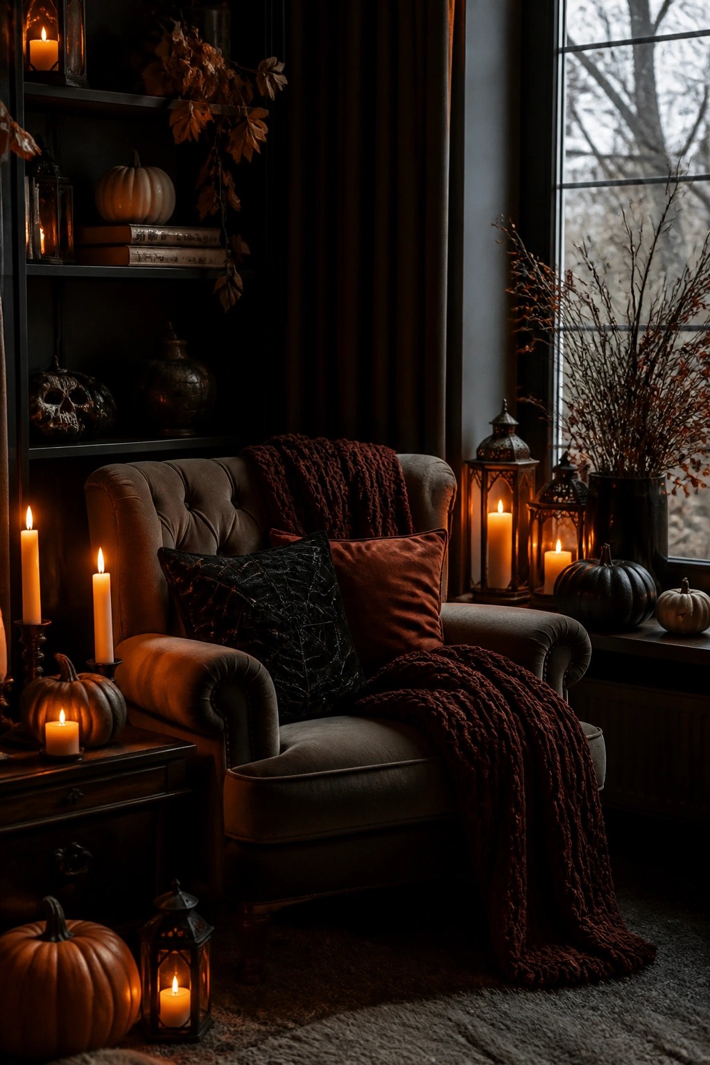 Armchair with a black spiderweb pillow, surrounded by lit candles, lanterns, and pumpkins in a dimly lit room.