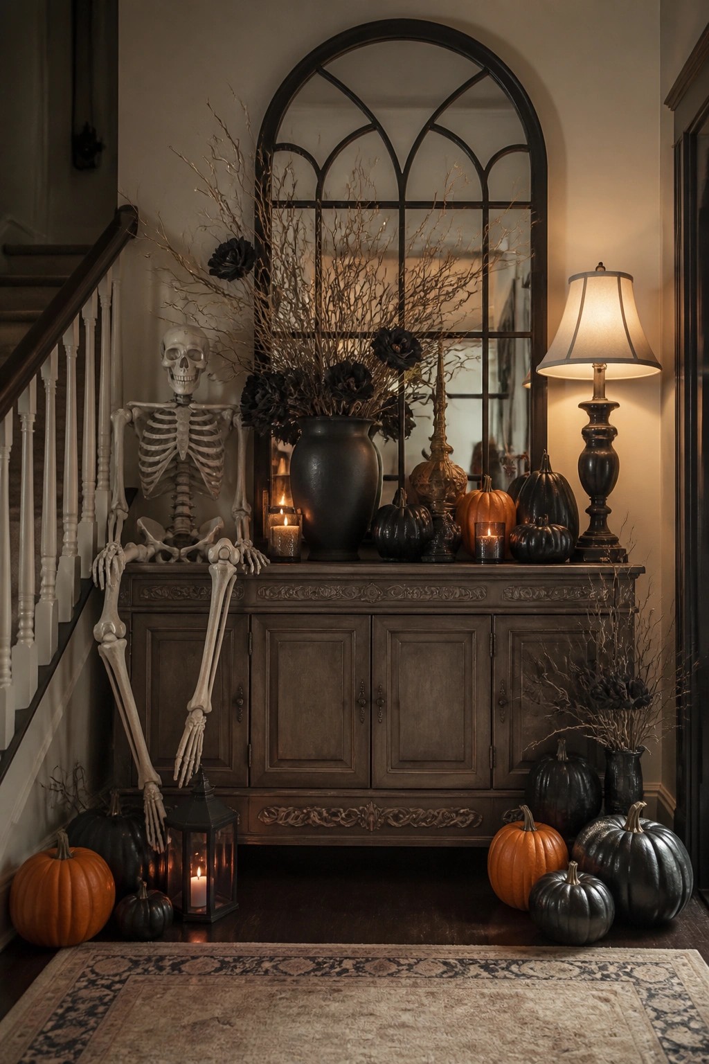 Entryway console table styled with a posed skeleton, black pumpkins, dark branches in a vase, and lit candles in front of a large arched mirror.