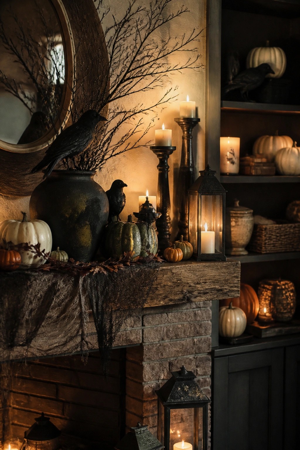 Fireplace mantel decorated with black crows, bare branches in a dark vase, green and white pumpkins, and lit candles and lanterns.