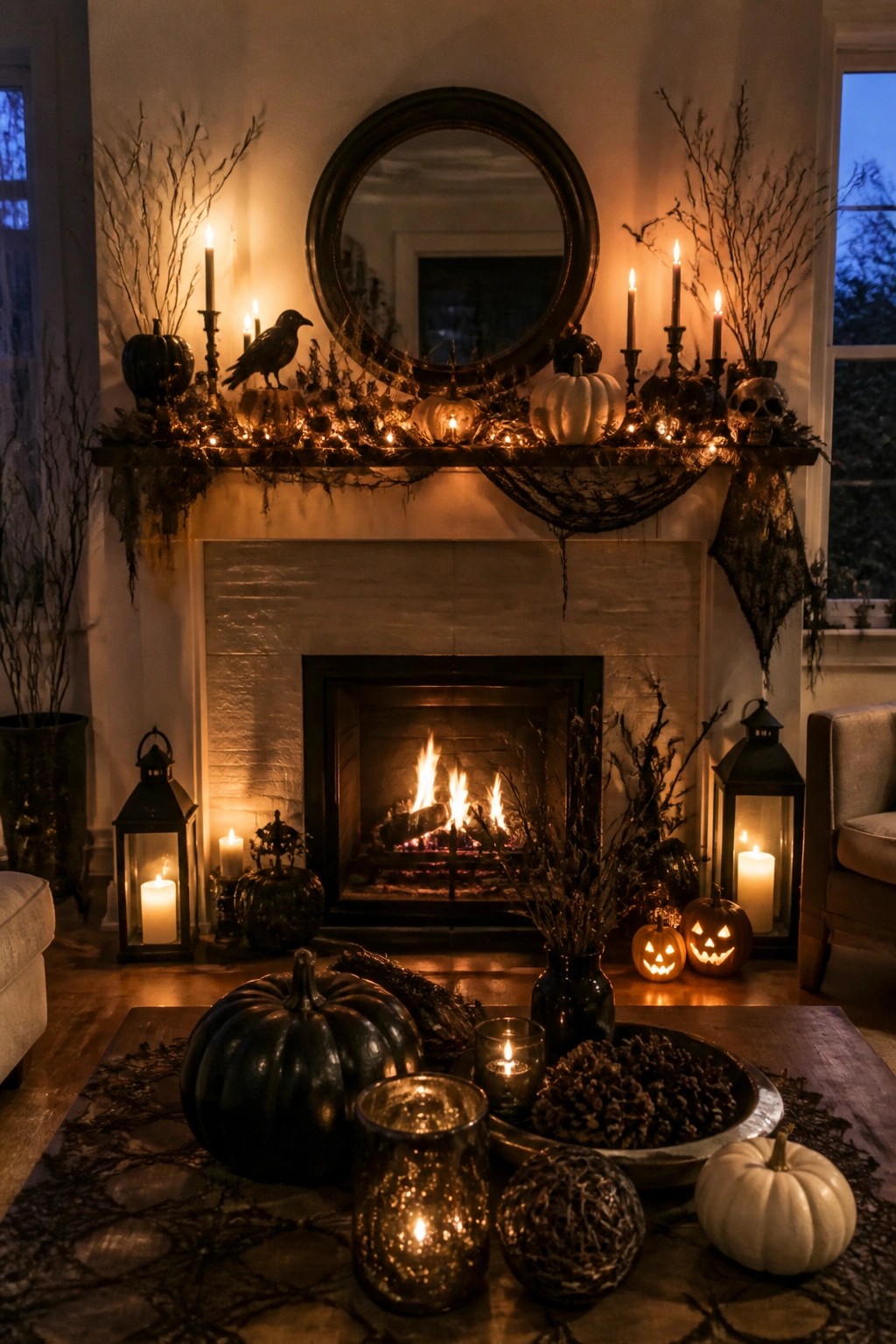 Fireplace mantel decorated for Halloween with black and white pumpkins, candles, a black crow, skull, bare branches, and spiderweb fabric.